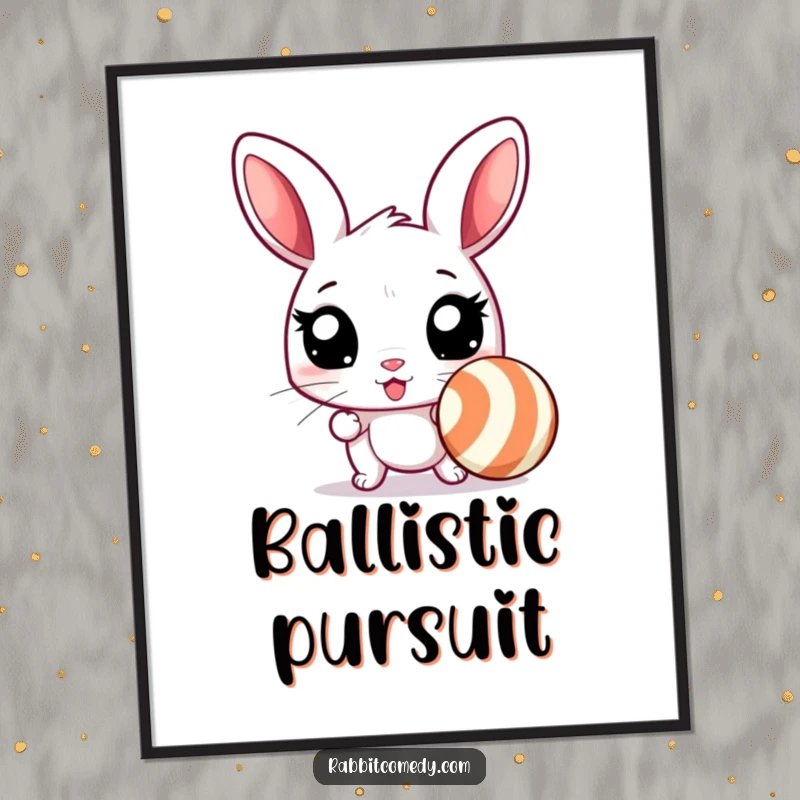 Funny rabbit digital art print of an excited rabbit with wide eyes, ready to chase a bouncing, striped ball, capturing humorous exuberance.