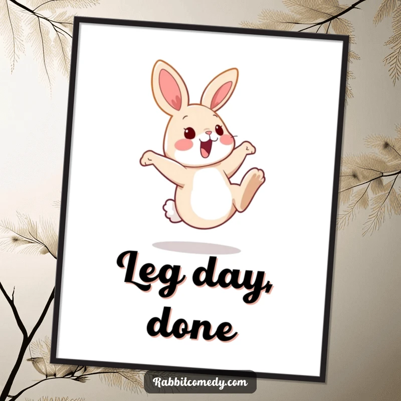 Funny rabbit digital art print showing a bunny energetically kicking its hind legs high, perfect for instant, playful wall decoration.