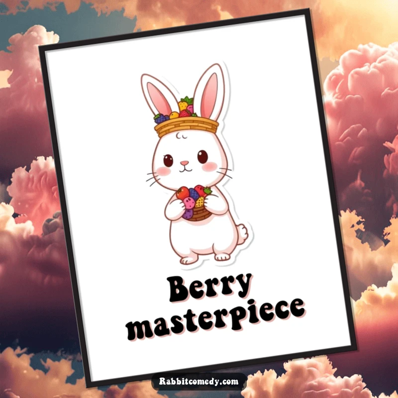 Funny rabbit character balancing a basket of colorful berries on its head, a high-resolution digital art print for whimsical decor