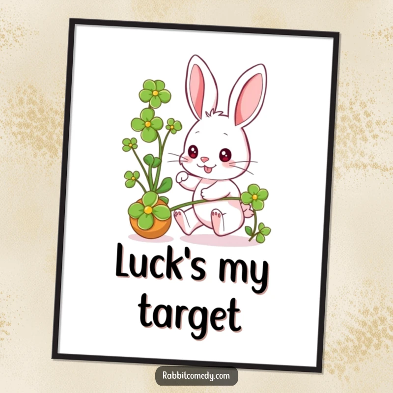 Funny rabbit character, eyes sparkling, joyfully chasing a rolling clover, suitable for any digital art print.
