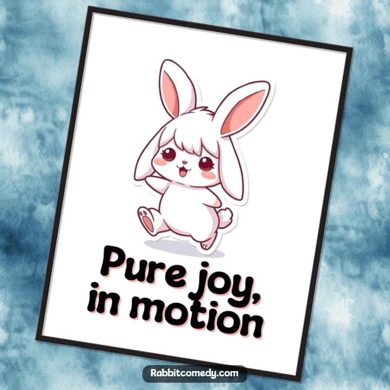 Funny rabbit digital art print of a cute bunny with floppy ears joyfully hopping, perfect for instant whimsical wall decor and cheer.