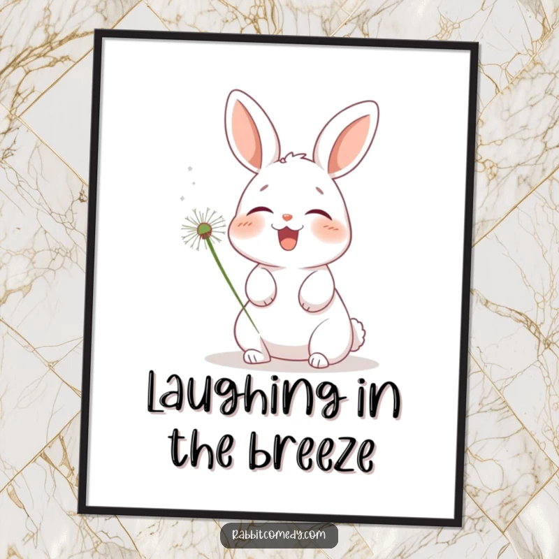 Funny rabbit digital art print, a high-resolution image of a bunny ecstatically giggling as a dandelion puff tickles its nose.