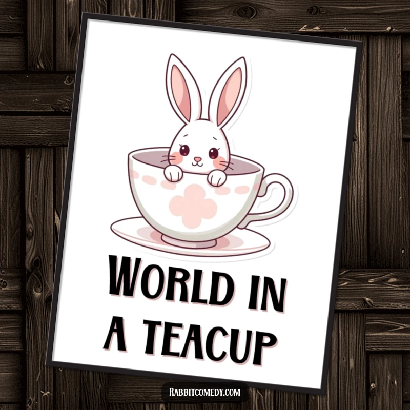 Funny rabbit digital art print of a curious bunny peeking from a giant teacup, perfect for instant whimsical wall decor and charm.