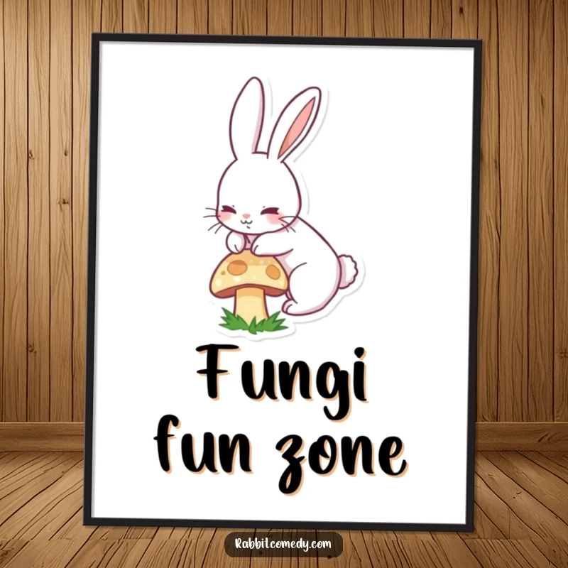Funny digital art print of a long-eared rabbit joyfully boinging over a mushroom, ready to download.