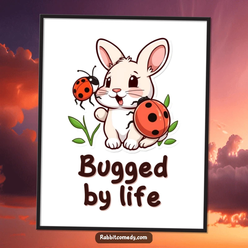 Funny digital art print of a startled rabbit being nudged by a ladybug, offering instant humor and a touch of whimsical charm.