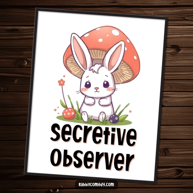 Funny rabbit digital art print of a cute bunny peeking from behind a large mushroom, inviting viewers into a magical scene.