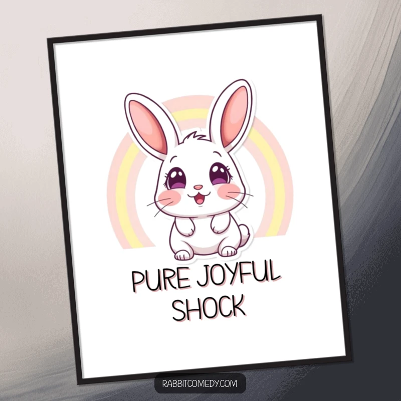 Funny digital art print capturing a rabbit with wide, amazed eyes gazing at a spectacular rainbow, creating an instant feeling of joy.