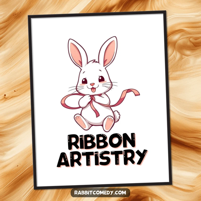 Funny rabbit character enthusiastically twirling a colorful ribbon with its paws, a high-resolution digital art print for joyful decor