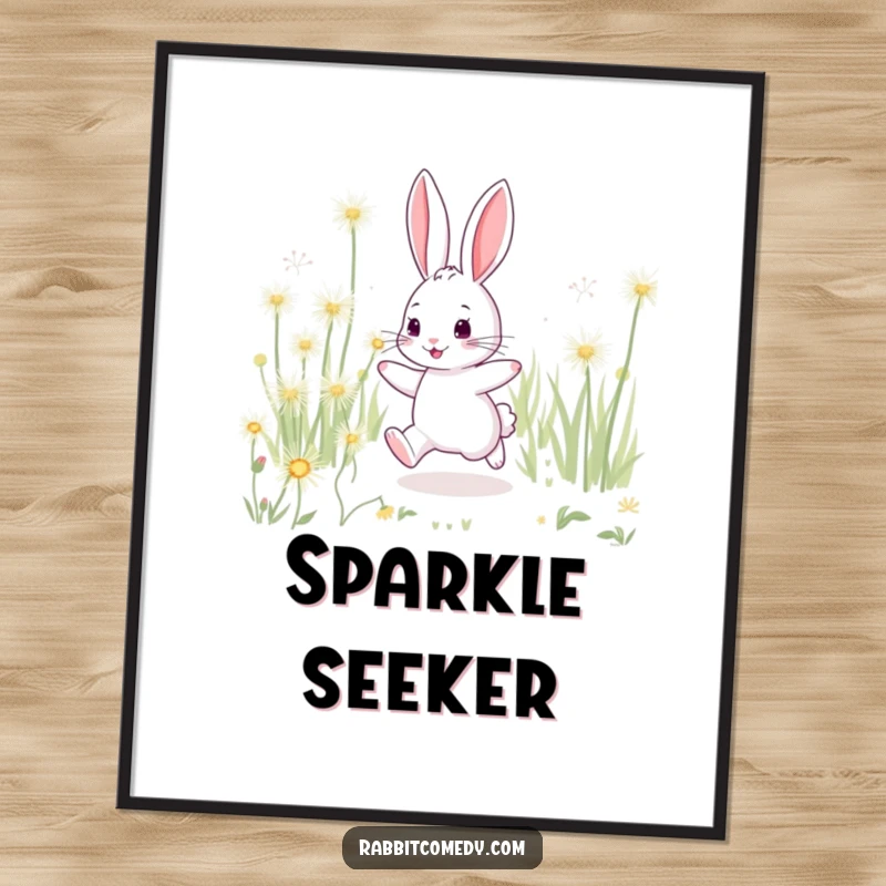 Funny rabbit digital art, playfully hopping through oversized sparkling dandelions, a whimsical piece of meadow decor.