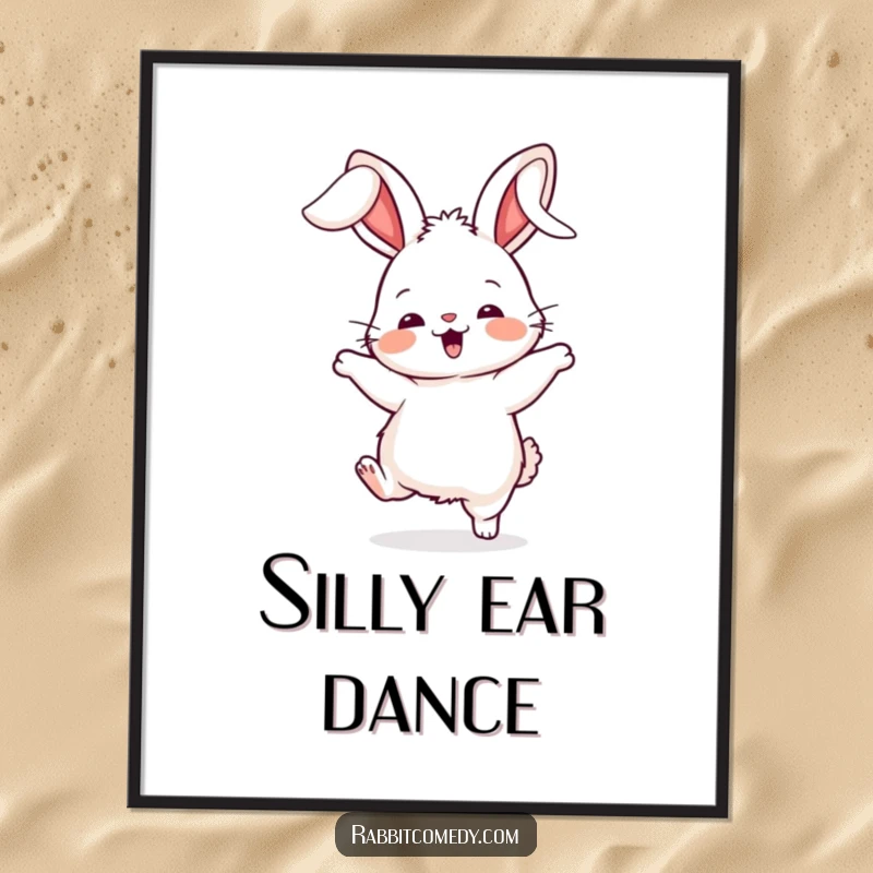 Funny rabbit digital art print, showing a fluffy character doing a silly dance with its ears flopping wildly, full of uninhibited joy.