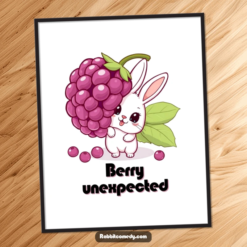 Funny digital art print of a cartoon rabbit peeking with wide eyes from behind a huge, unstable berry, creating instant humorous wall decor.