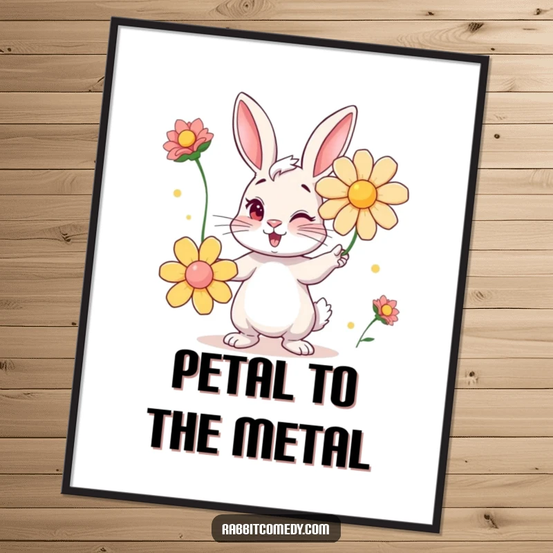 Funny digital art print featuring a mischievous winking rabbit juggling oversized, bright flowers, radiating charm and playfulness.