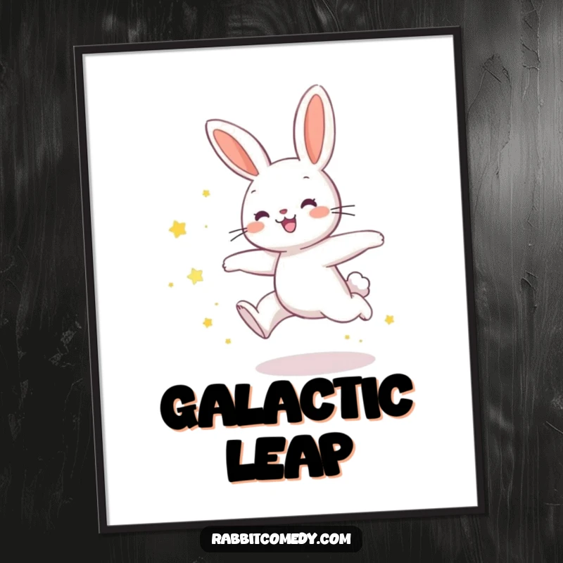 Funny rabbit digital art print of a rabbit in a joyful leap, leaving a trail of shimmering star dust, capturing humorous magic.