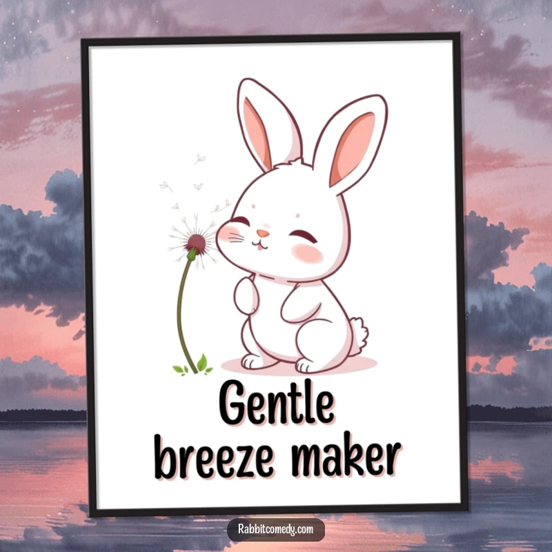Funny rabbit digital art print of a cute bunny gently blowing a fluffy dandelion seed, capturing a moment of peaceful magic.