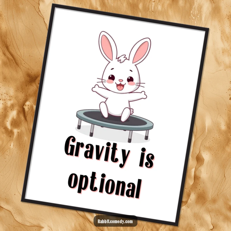 Funny rabbit digital art print of a bunny excitedly bouncing on a trampoline, bringing energetic fun to any display.