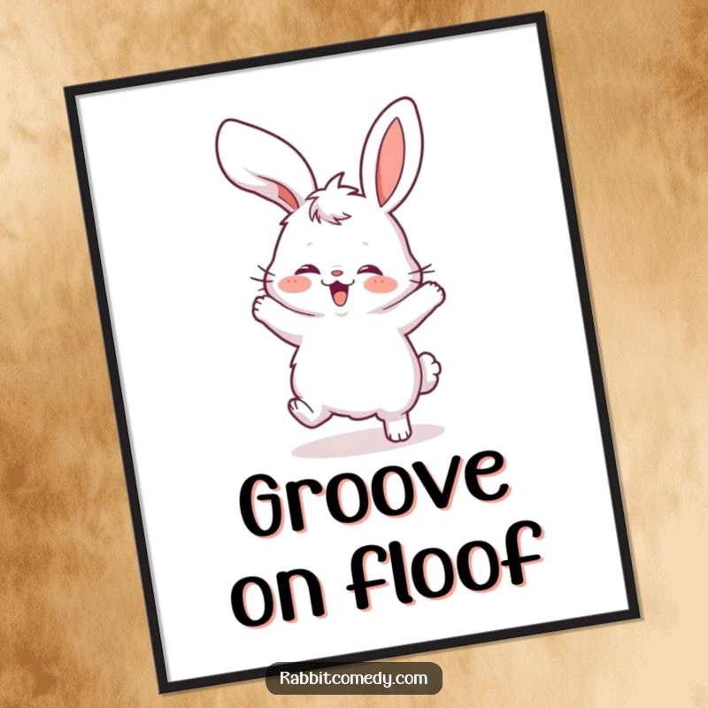 Funny digital art print of a fluffy rabbit performing a joyful, silly dance, its floppy ears emphasizing the comical movement.