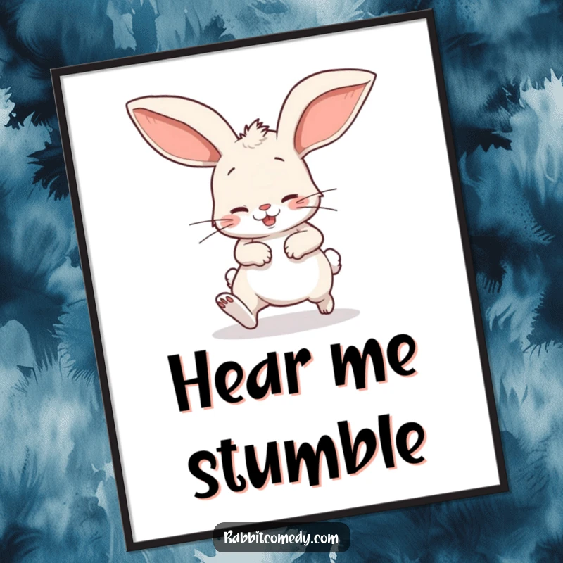 Funny digital art print of a cartoon rabbit comically stumbling, its giant floppy ears trailing, creating instant humorous wall decor.
