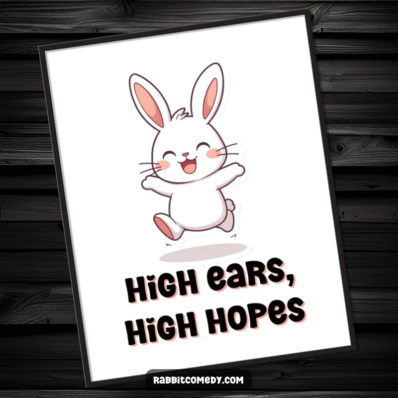 Funny rabbit digital art print showing a happy bunny, ears high, joyfully hopping, perfect for instant, cheerful wall decoration.