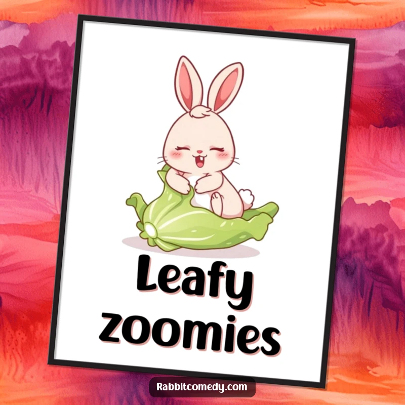 Funny digital art print of a rabbit comically sliding at speed on a large, fresh lettuce leaf, embodying hilarious action.
