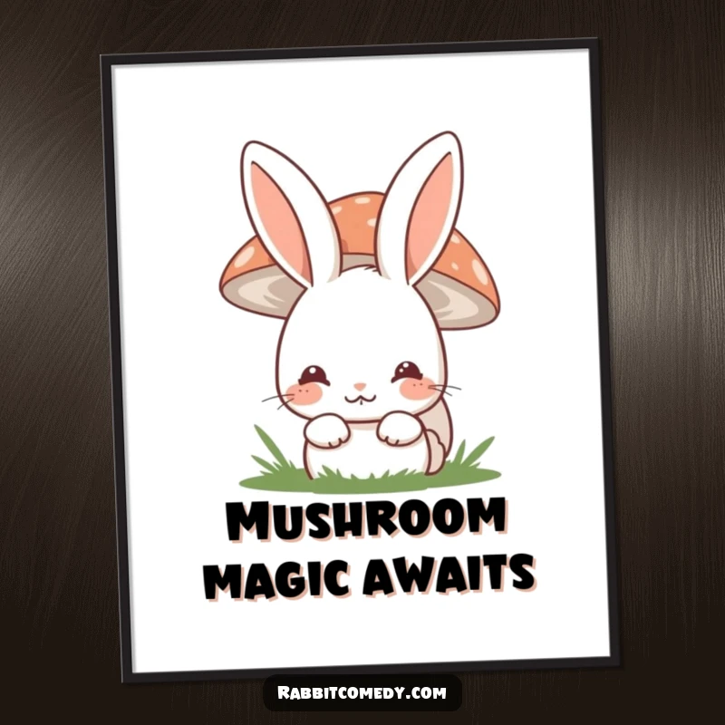 Funny shy rabbit digital art print of a bunny hiding behind a mushroom with a shy smile, bringing woodland charm.