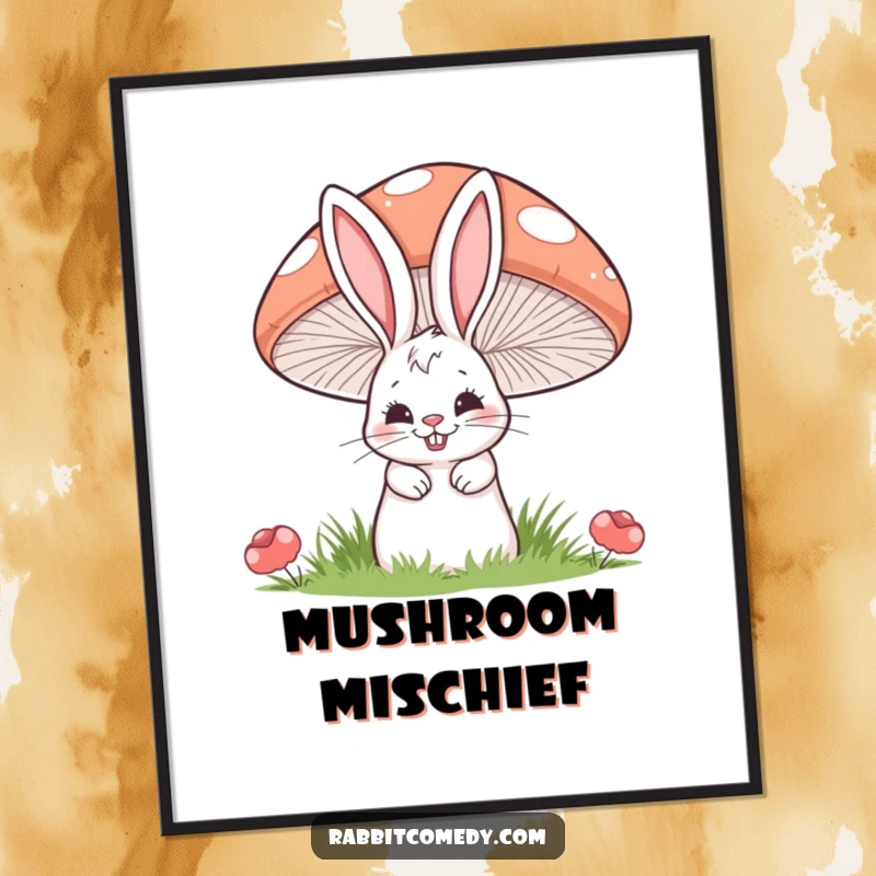 Funny digital art print of a cartoon rabbit with a mischievous grin peeking from behind a large, striped mushroom.