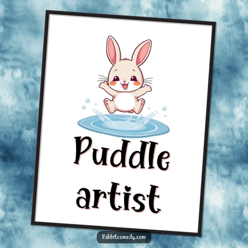 Funny digital art print of a cartoon rabbit dramatically splashing over a small, sparkling puddle with immense joy.