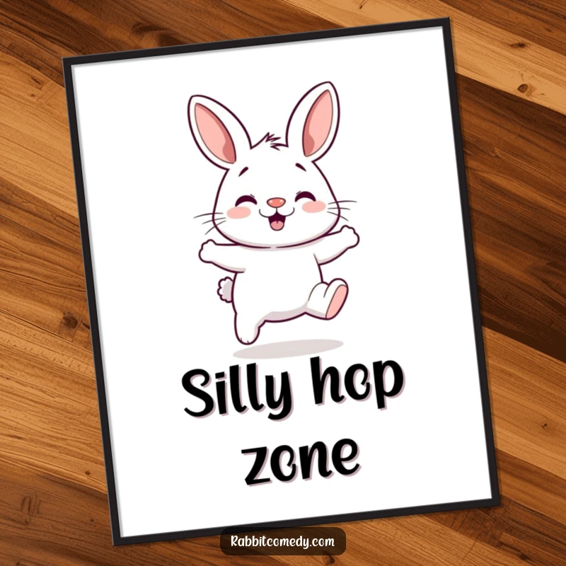 Funny digital art print of a rabbit with a twitching nose performing a silly, energetic hop.