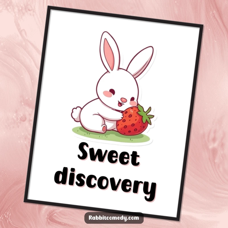 Funny digital art print of a rabbit with an excited, wiggling nose, eyes bright with delight at discovering a hidden, juicy strawberry.