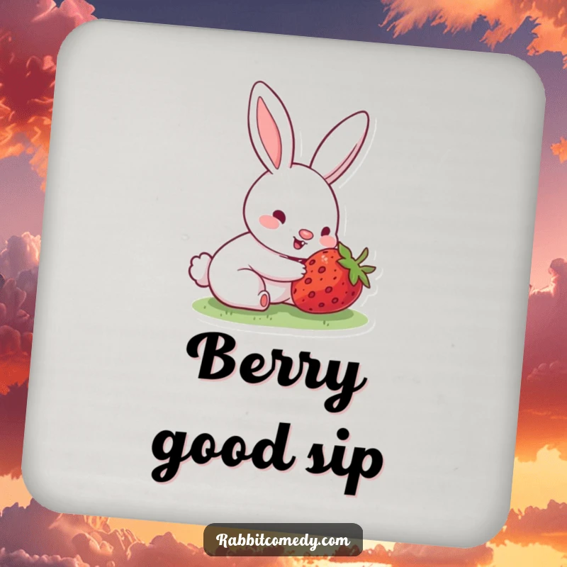 Funny drink coasters with a rabbit's nose wiggling happily, eyes sparkling with delight at the discovery of a hidden, ripe strawberry.