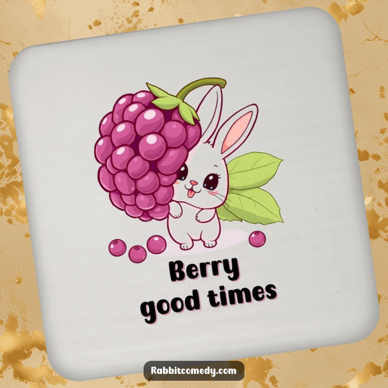 Funny drink coaster with a cartoon rabbit peeking with surprise from behind a massive, wobbling berry, protecting surfaces with humor.