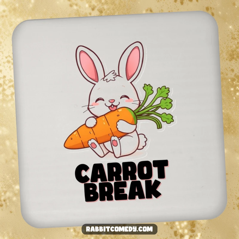 Funny drink coasters showcasing a joyful rabbit with a huge smile, nibbling on a massive, delicious carrot, adding humor to drinks.