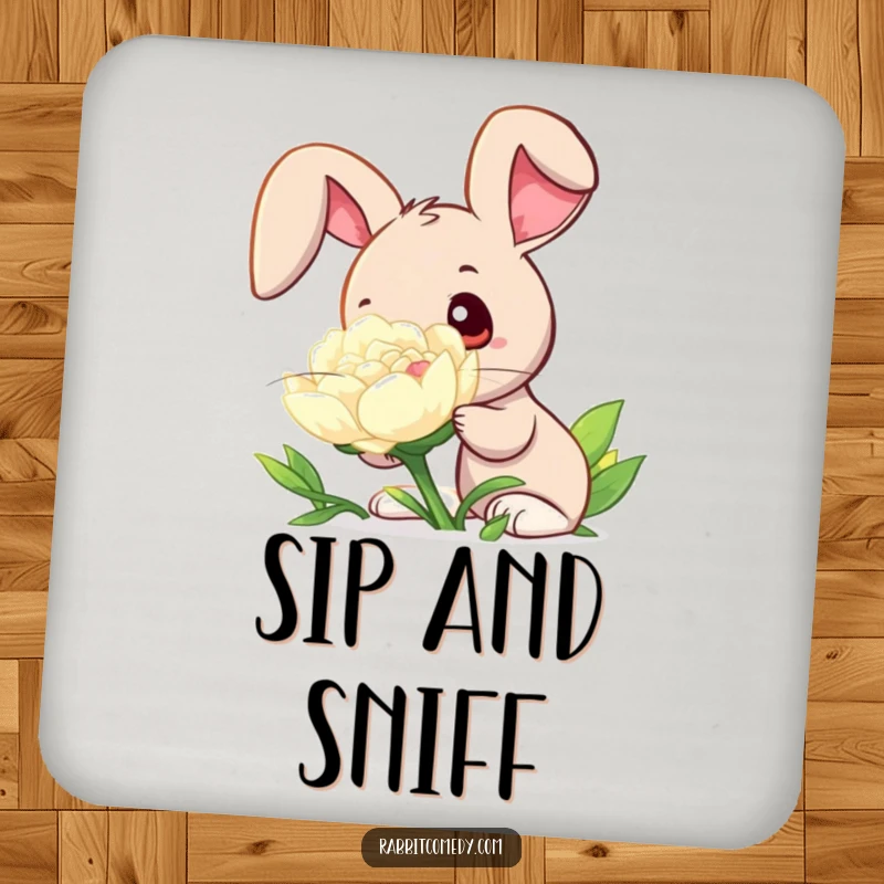 Funny drink coaster illustrating a rabbit with wide, curious eyes sniffing a large, dew-covered clover, adding a touch of nature.