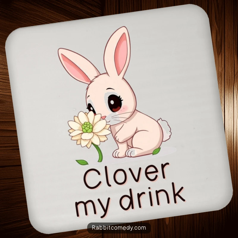 Funny Rabbit Coaster: A wide-eyed rabbit character curiously sniffing a giant clover, protecting surfaces with a dose of humor.