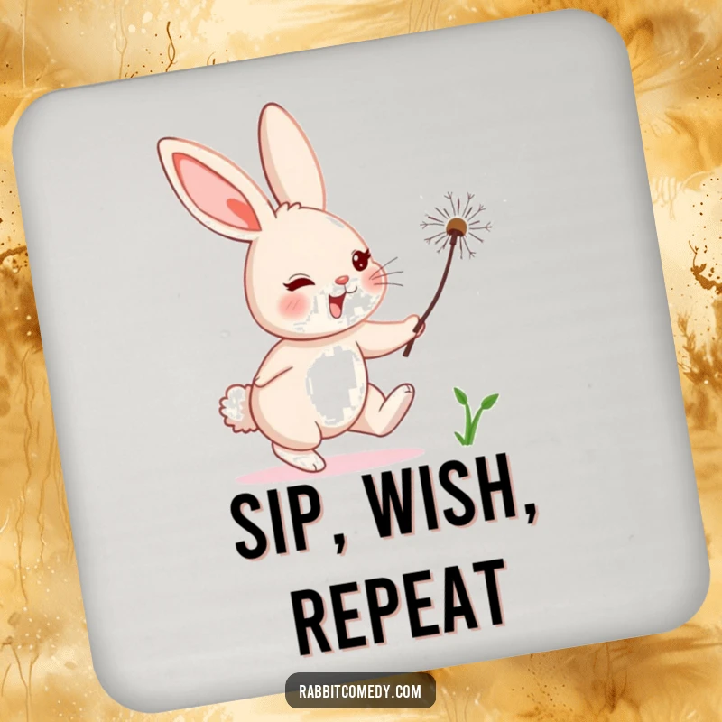 Funny rabbit character comically chasing a floating dandelion seed, on a humorous and protective drink coaster.