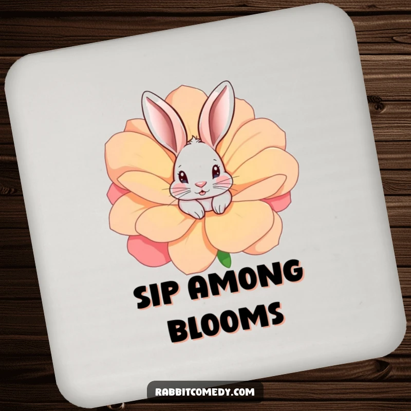 Funny rabbit peeking from a large, colorful flower on a humorous and protective drink coaster.