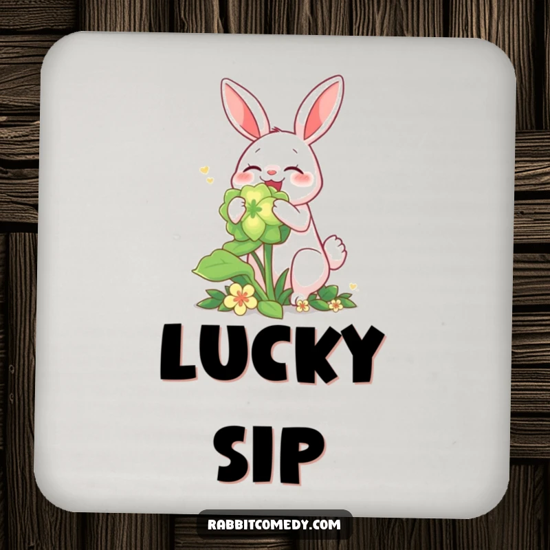 Funny rabbit coaster, joyfully munching a giant glowing clover, bringing magic to your surfaces.