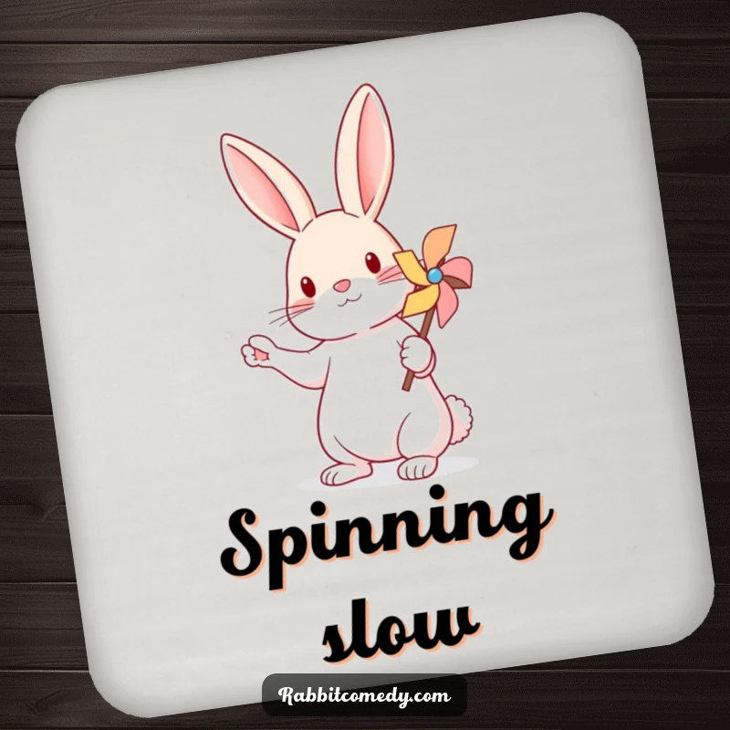 Funny Rabbit Pinwheel Drink Coaster: A coaster illustrating a rabbit balancing a tiny, colorful spinning pinwheel.