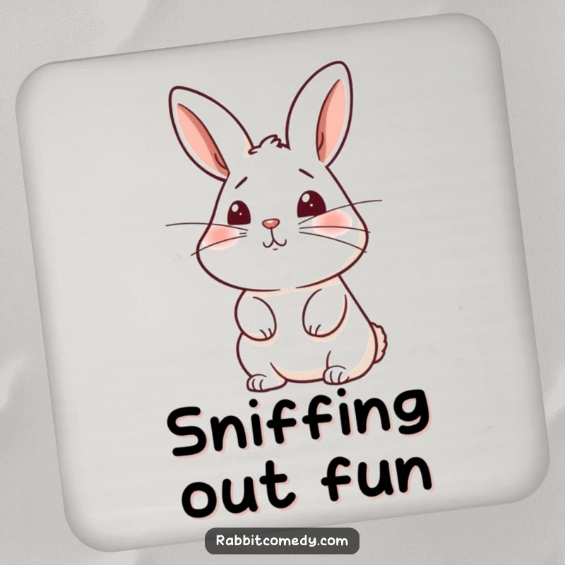 Funny rabbit drink coaster showing a bunny with twitching whiskers sniffing the air, a charming surface protector.