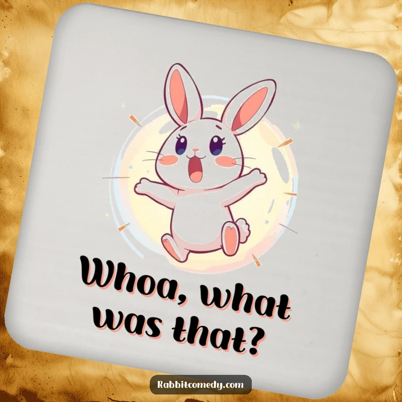 Funny Rabbit Coaster: A surprised rabbit leaps backward from a bursting, shimmering bubble, adding a touch of comical surprise to any beverage.