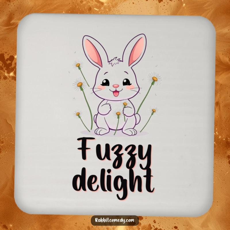 Funny Rabbit Dandelion Drink Coaster: A coaster illustrated with a grinning rabbit juggling oversized dandelions.