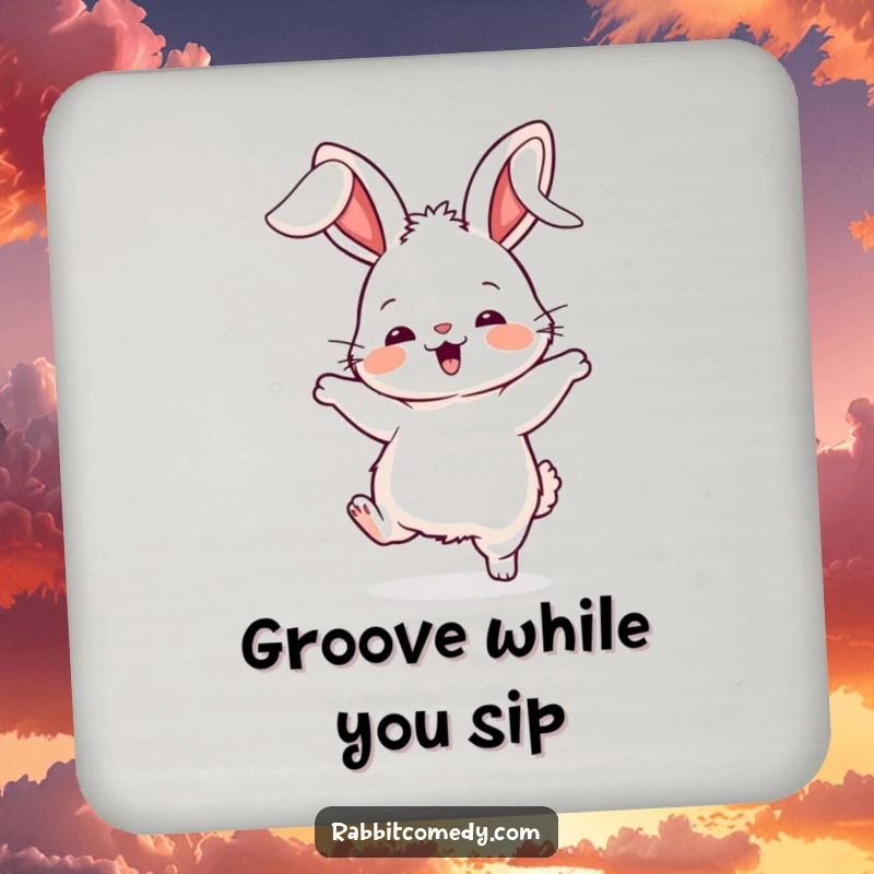 Funny rabbit drink coasters, depicting a fluffy character doing a silly dance with its ears flopping wildly, adding a fun touch.