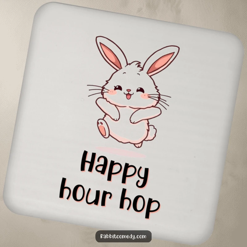 Funny rabbit coaster depicting a fluffy character mid-hop with joyful bounce and twitching ears, adding whimsical humor.