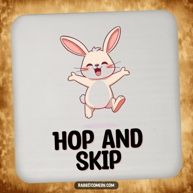 Funny rabbit coasters showing a joyful rabbit character performing exaggerated, energetic leaps, adding a touch of fun to any surface.