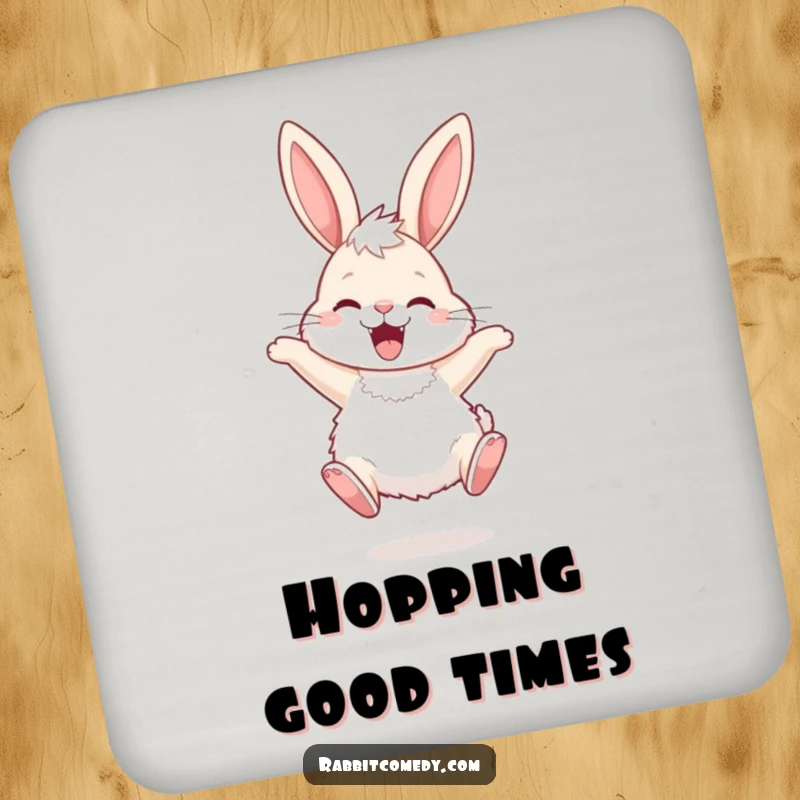 Funny Drink Coaster featuring a fluffy rabbit with long ears hopping ecstatically, adding a touch of playful protection.