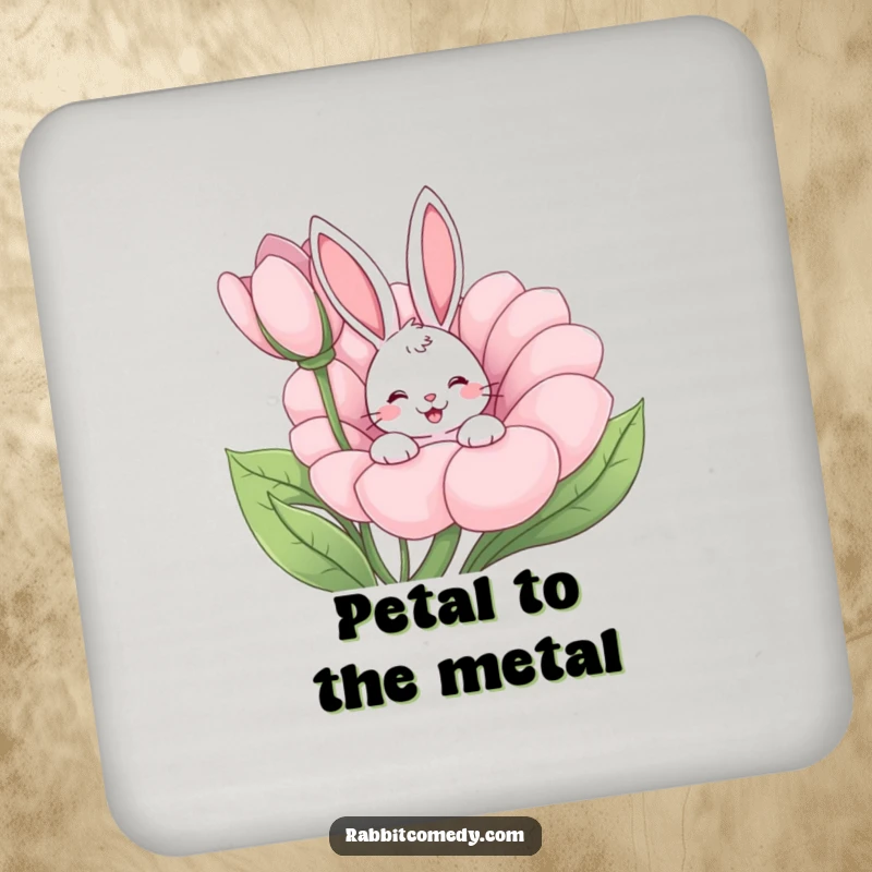 Funny rabbit peeking from a giant flower, happy wiggle, cute cartoon drink coasters, perfect humorous housewarming gift.