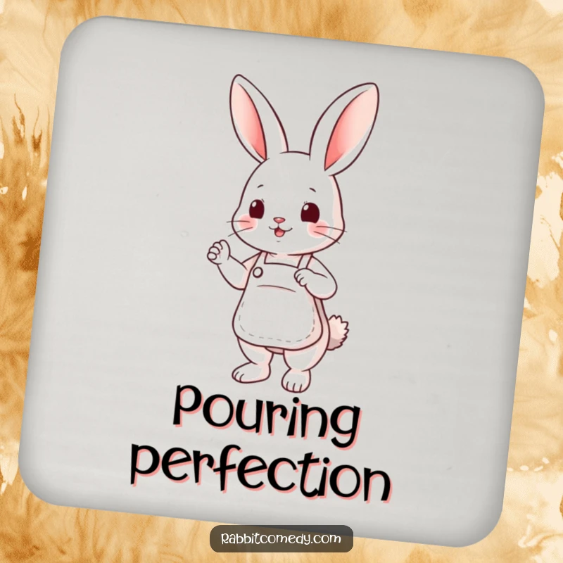 Funny drink coaster featuring a cute rabbit character in a miniature apron, striking a helpful pose.