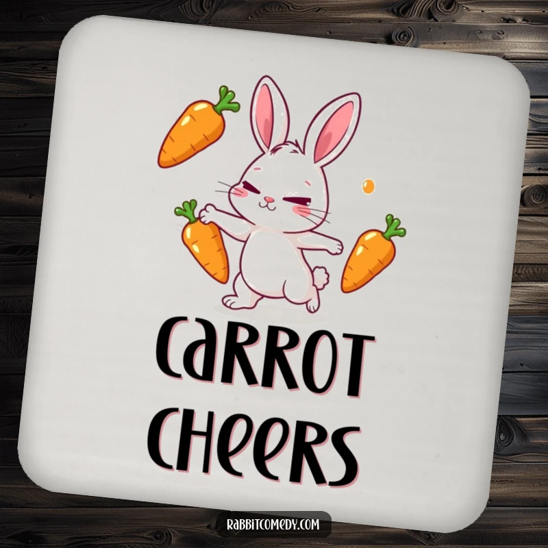 Funny rabbit coasters showing a rabbit character determinedly juggling three shiny carrots, adding a touch of skill to any surface.