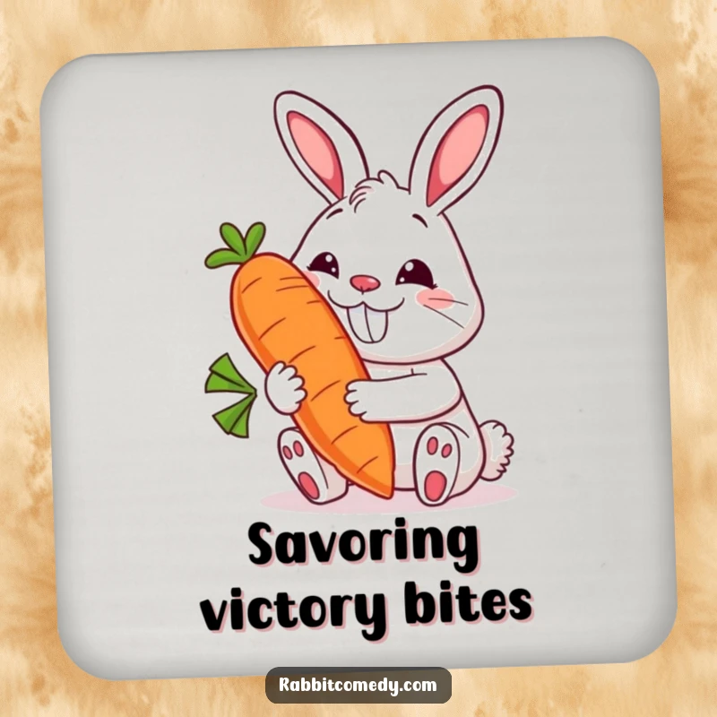 Funny rabbit drink coaster with a grinning bunny holding a giant, smiling carrot, protecting surfaces with humorous veggie-themed flair.