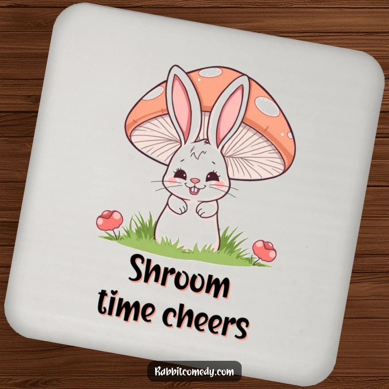 Funny drink coaster with a cartoon rabbit wearing a mischievous grin, peeking from behind a large, striped mushroom.
