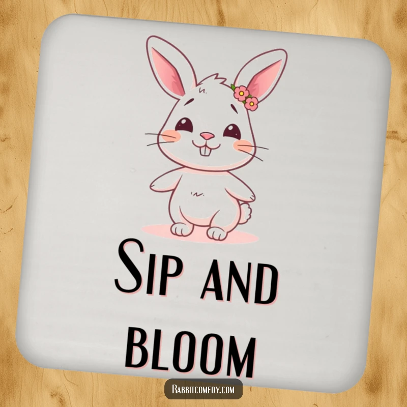 Funny rabbit drink coaster featuring a goofy rabbit with a flower crown, twirling with humorous delight, adding whimsical charm.
